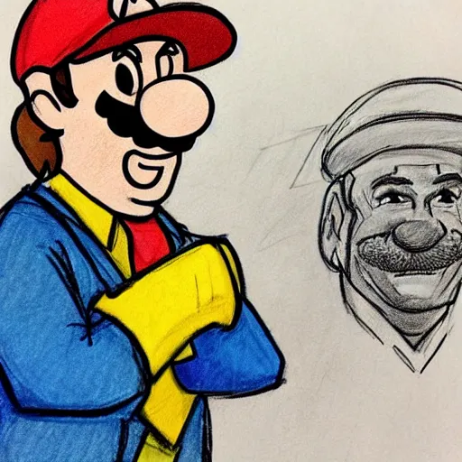 Prompt: a court sketch of saul goodman defending super mario in court, saul goodman and mario, sketch art, court sketch art, saul goodman, mario, very sketchy court sketch