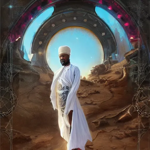 Image similar to an african moor wearing white robes and turban in the valley of the kings, ornate steampunk stargate, front game card, marvel comics, dark, intricate, highly detailed, smooth, artstation, digital illustration by ruan jia and mandy jurgens and artgerm and wayne barlowe and greg rutkowski and zdislaw beksinski.