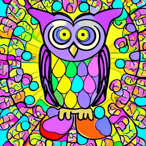 Prompt: an colorful owl. cartoon. colorful background.