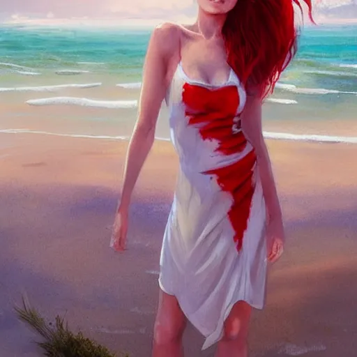 Prompt: beautiful woman with red hair in white sundress on the beach, perfect face, perfect body, eye contact, flirting, smiling, drawn by greg rutkowski