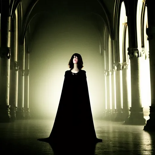 Prompt: intense medium shot of mary elizabeth winstead as a vampire in a gothic cathedral at night, gloomy, cinematic, ground mist, volumetric light.