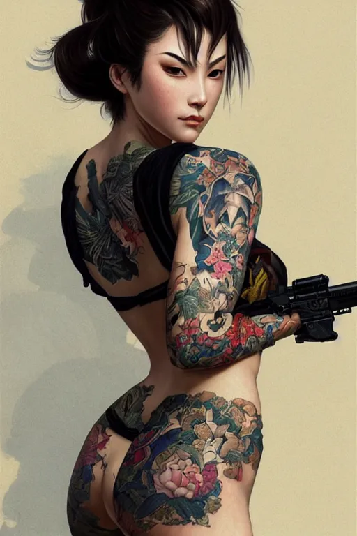 Prompt: tattooed yakuza girl holding a gun, intricate, elegant, highly detailed, digital painting, artstation, concept art, smooth, sharp focus, illustration, art by artgerm and greg rutkowski and alphonse mucha and william - adolphe bouguereau