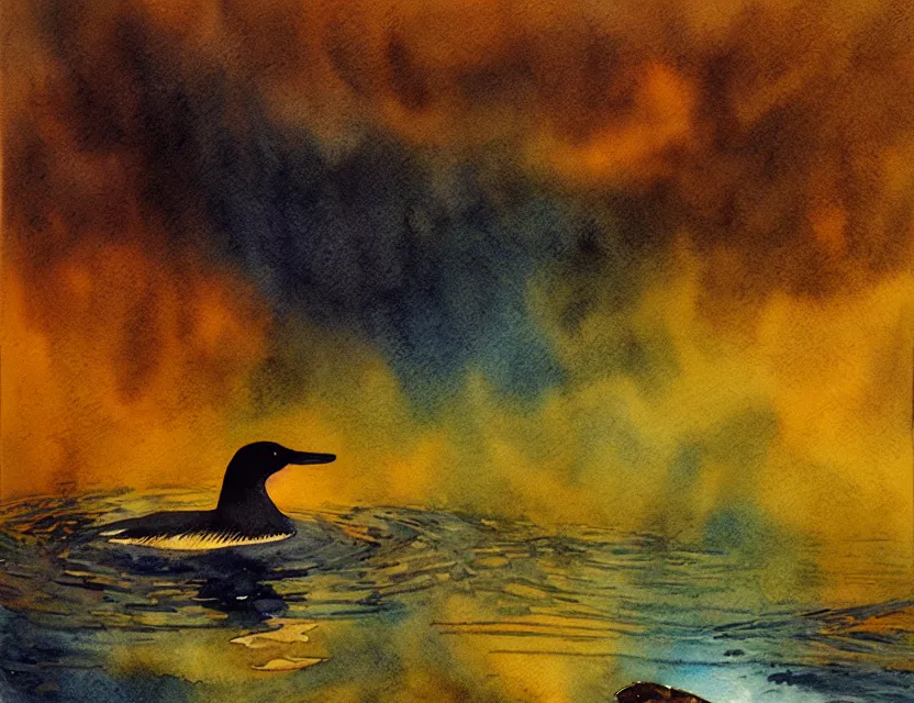 Prompt: a goldeneye swimming in a faraway lake. this watercolor painting by the award - winning comic artist has dramatic lighting, an interesting color scheme and great sense of depth.