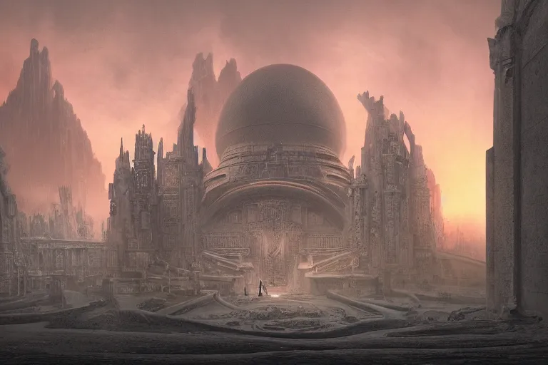 Prompt: sci - fi concrete alien eldritch baroque rococo gothic architecture in hell, babylonian, ziggurat, city, zaha hadid, beksinski, wayne barlowe, oil painting, photoreal, highly detailed, 8 k, hd, vray, artstation, cinematic matte painting, extreme detail photo quality, sunset, featured on behance