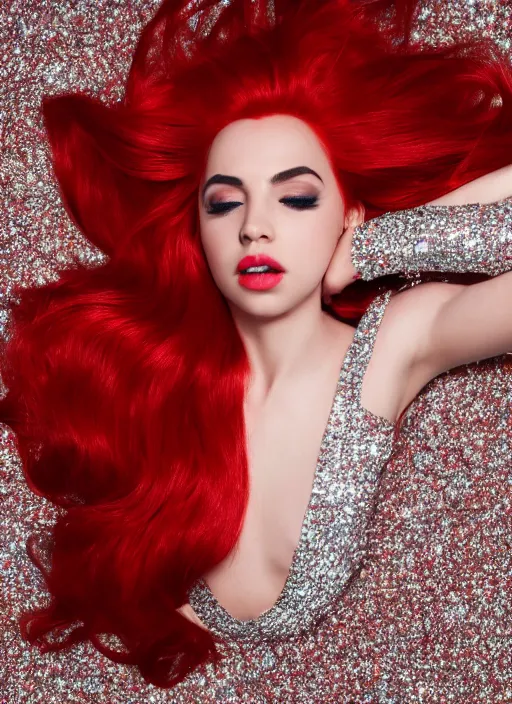 Prompt: ava max bright red hair lying on the floor surrounded by diamonds, canon, highly realistic. high resolution. highly detailed. dramatic. 8 k. 4 k.