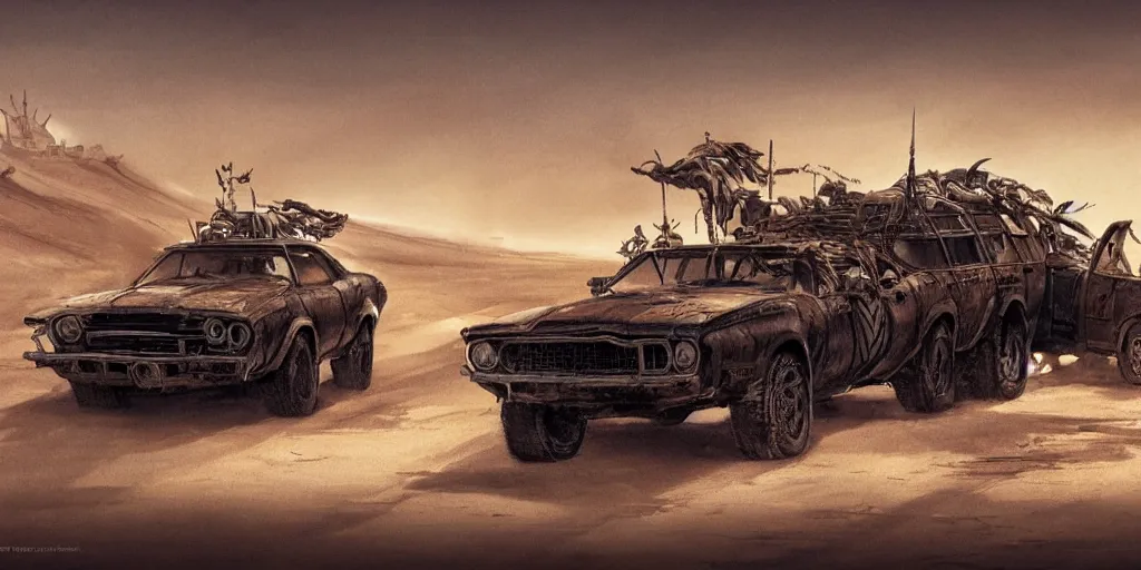 Image similar to an environmental concept art from mad max fury road, single muscle car speeding through the desert, highly detailed, cinematic, dramatic lighting by francis tneh