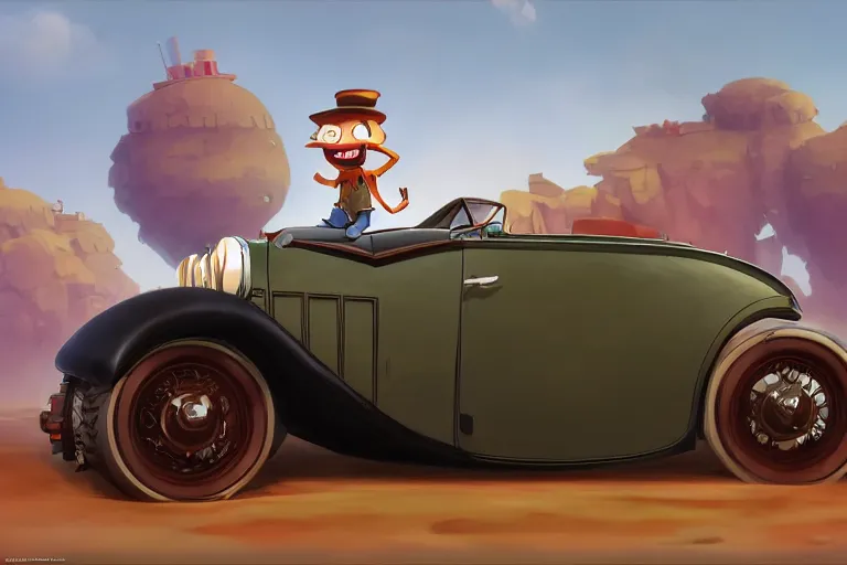 Image similar to a cartoony 1930 car, in the style of Rayman origins, michael ancel, Ruan Jia and Mandy Jurgens and Greg Rutkowski, trending on Artstation, award winning, unreal engine, octane render H 1024