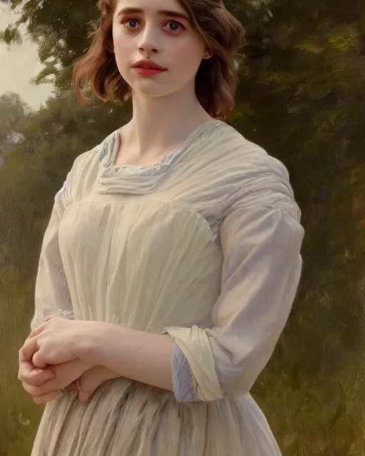 Prompt: a portrait painting of maya hawke / holly earl / erin moriarty hybrid oil painting, gentle expression, smiling, elegant clothing, scenic background, extremely detailed and lifelike, artgerm, greg rutkowski, alphonse mucha, vladimir volegov, adolphe bouguereaum, greg hildebrandt