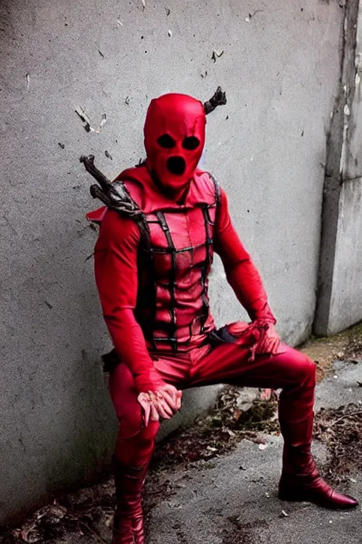 Image similar to red hood cosplay, creepy, disturbing, bloody