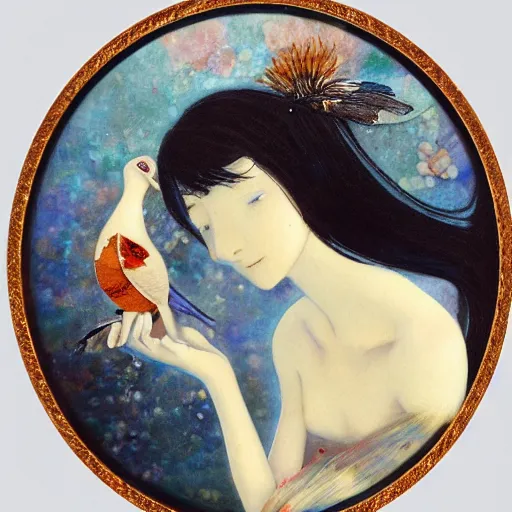 Image similar to meticulous, delicate niello inlay by john anster fitzgerald, by makoto shinkai. mixed media art. a woman is shown from behind, her body slightly blurred as if in motion. her long hair cascades down her back, & she is holding a small bird in her hand.