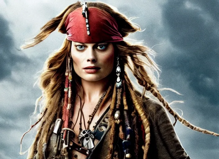 Prompt: film still of Margot Robbie as Captain Jack Sparrow in new Pirates of the Caribbean movie, 4k