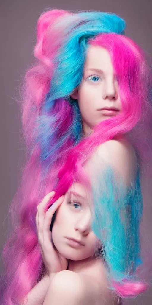 Image similar to a dramatic photo of a beautiful young woman with cotton candy hair. with a little bit of cyan and pink