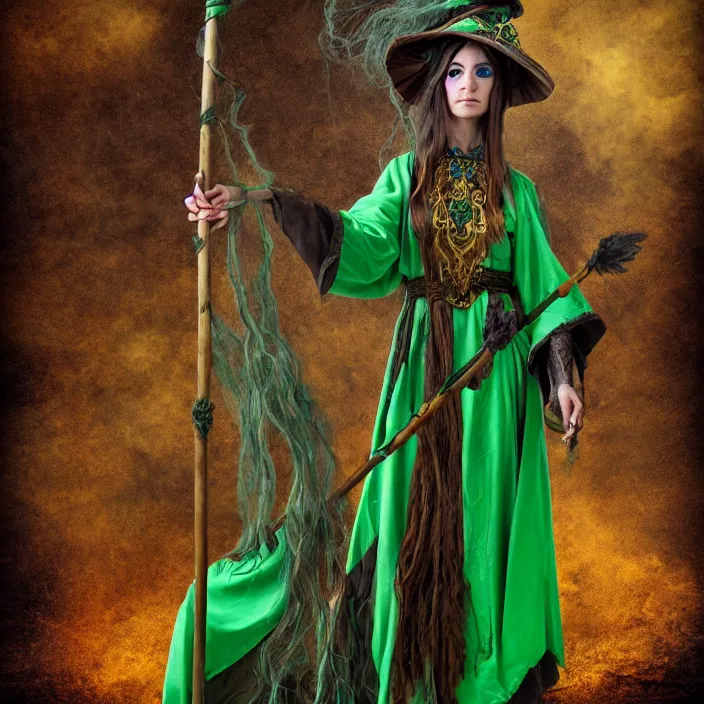 Prompt: photograph of a real-life beautiful elemental earth witch with ornate green and brown robes and staff. Extremely detailed. 8k