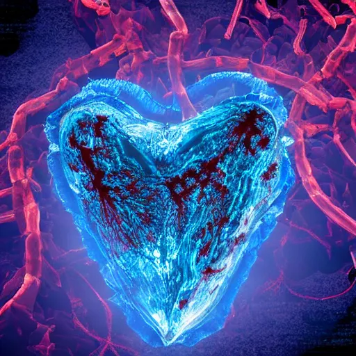 Image similar to crystaline heart filled with blood veins and fire