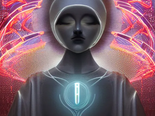 Image similar to a gray faceless figure, ascended, robot wizard, NPC with a saint\'s halo, saintly halo behind their head made of neon filigree, consulting the cyber oracle of all knowledge, at the end of time, in an esoteric ritual exchange of physical code, 8k, 4k, unreal 5, DAZ, trending on artstation, octane render, abstract painting, bright blue future