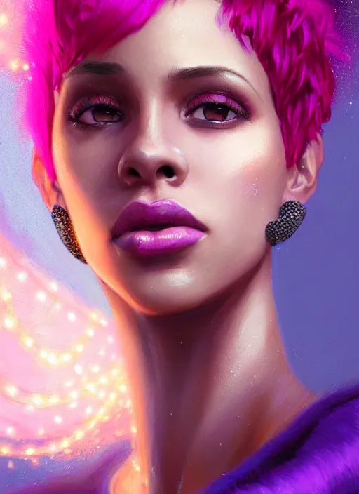 Image similar to portrait of vanessa morgan with bright pink hair, curly pixie cut hair, wearing a purple breton cap, breton cap, hoop earrings, intricate, elegant, glowing lights, highly detailed, digital painting, artstation, concept art, smooth, sharp focus, illustration, art by wlop, mars ravelo and greg rutkowski