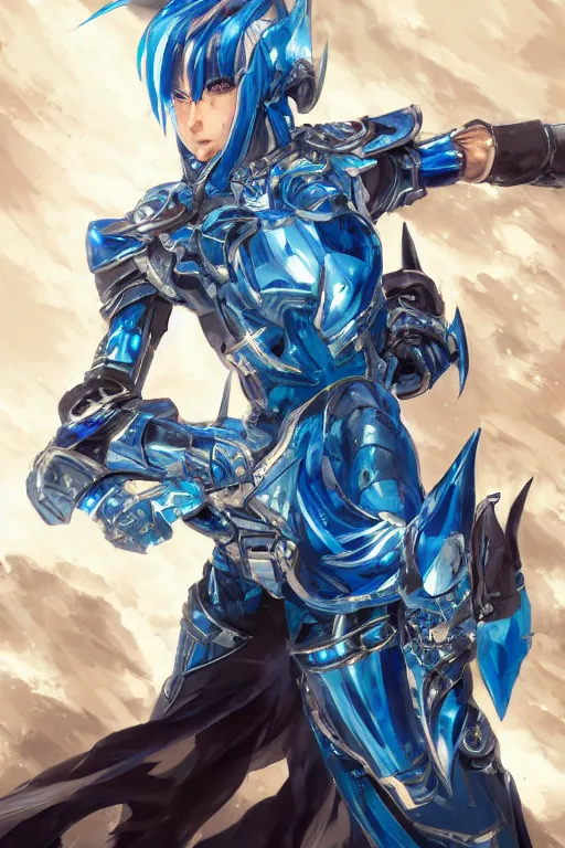 Image similar to concept art, anime portrait of a ninja cyborg warrior wearing an intricate azure wolf themed armor by Masamune Shirow, Stanley Artgerm Lau, WLOP, Rossdraws, James Jean, Andrei Riabovitchev, Marc Simonetti, and Sakimichan, trending on artstation