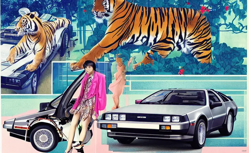 Image similar to a delorean and a tiger, colourful magazine collage, art by hsiao - ron cheng and utagawa kunisada, # e 5 3 7 1 b, # e 4 e 6 2 0, # de 9 5 f 0