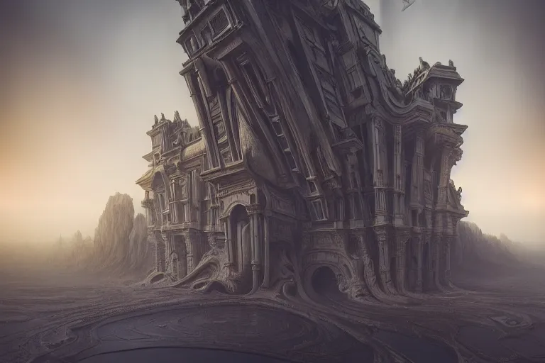 Image similar to sci - fi concrete baroque rococo architecture in hell, zaha hadid, beksinski, oil painting, photoreal, highly detailed, 8 k, hd, vray, artstation, cinematic matte painting, extreme detail photo quality, sunset, featured on behance