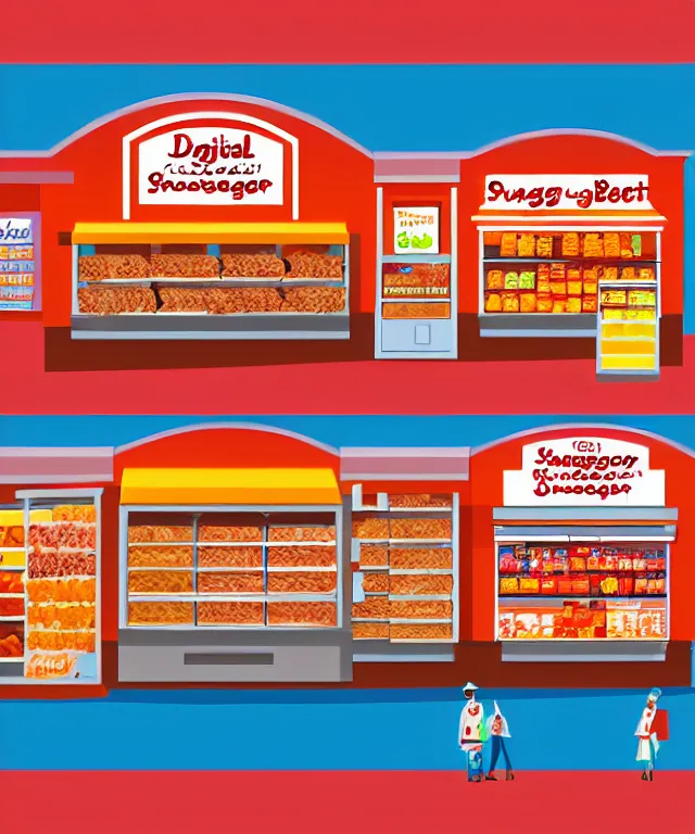 Image similar to digital painting of frozen food shop,like sausage,beef,nugget,etc,with interesting look,picture for website ads,details,photorealistic and make people hungry!,