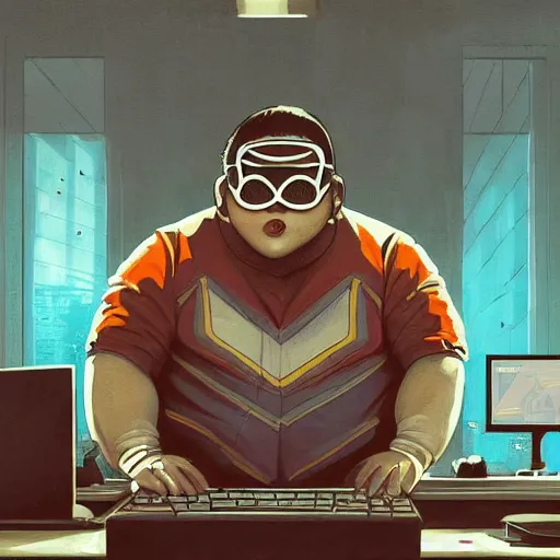 Image similar to an insanely detailed painting of a chubby nerdy asian man wearing a homemade superhero costume and mask, sitting at a computer desk typing on the keyboard, in the style of peter mohrbacher, dramatic lighting and composition, trending on artstation, concept art, comic book, graphic novel, back view
