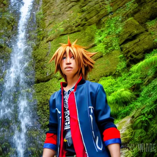 Image similar to kingdom hearts sora cosplay near waterfall photo photography low angle detailed face 85mm