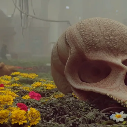 Prompt: an octopus in the shape of a skull surrounded by flowers at midnight, foggy cinematic shot photo still from movie by denis villeneuve, wayne barlowe