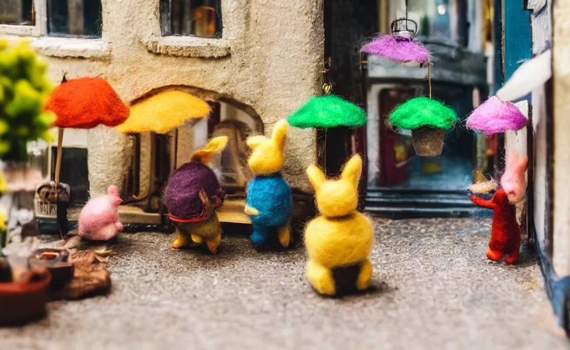 Image similar to miniature cafe diorama, macro photography, cafe with felted bunnies on a date, alleyway, ambient, atmospheric, british, cozy, bokeh, romantic, colorful lanterns