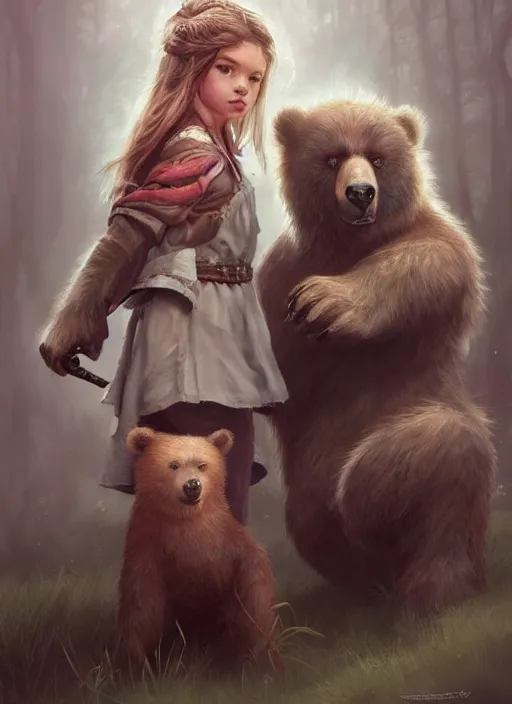 Image similar to portrait of little girl and her werebear, d & d, fantasy, portrait, highly detailed, digital painting, trending on artstation, concept art, sharp focus, illustration, art by artgerm and greg rutkowski and magali villeneuve