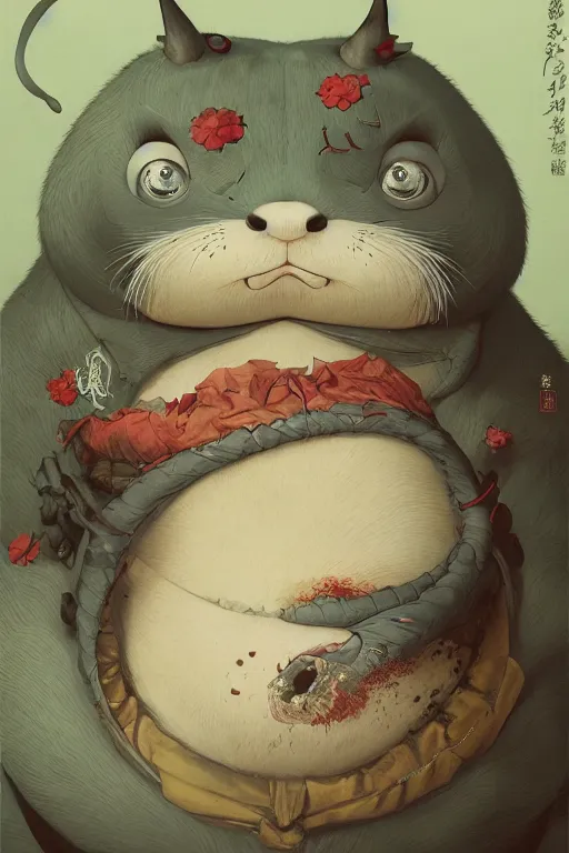 Prompt: a portrait of a fatty cute japanese devil animal illustrated by miyazaki by karol bak, james jean, tom bagshaw, rococo, sharp focus, trending on artstation, cinematic lighting, hyper realism, octane render, 8 k, hyper detailed, vivid, ultra detailed, highly detailed