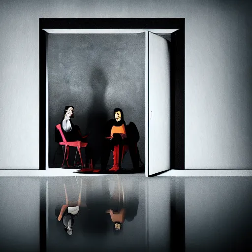 Image similar to a digital painting of people sitting in a room looking at the camera in a dark, abandoned room. dramatic lighting coming from the open door behind the camera, faces are visible.