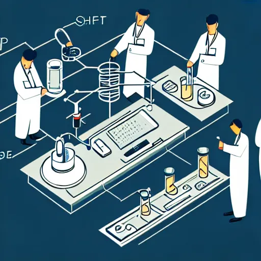 Image similar to pencil illustration of a group of scientists creating a machine that will transform the future. highly detailed, schematics, line work, laboratory