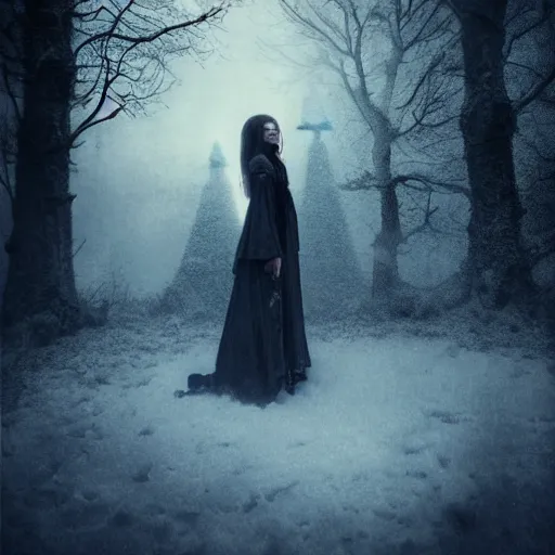 Image similar to Lay me down, in the cold cold ground, Where before many more have gone, When they come I will stand my ground, Stand my ground I will not be afraid, atmospheric lighting, gothic makeup, intricate, Transylvanian castle, volumetric lighting, beautiful, starlit sky, sharp focus, ultra-detailed, by Tom Bagshaw, Leesha Hannigan, Ross Tran, Thierry Doizon, Kai Carpenter, Ignacio Fernández Ríos