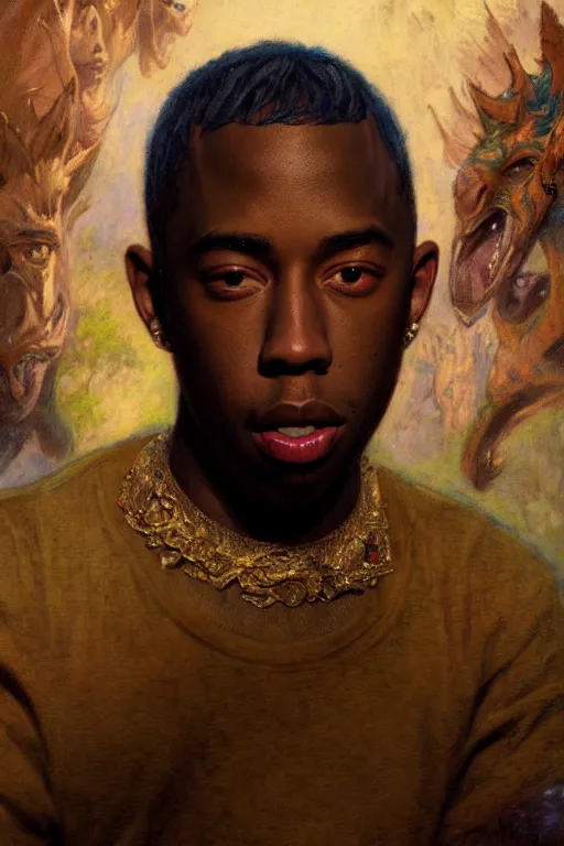 Prompt: tyler the creator by gaston bussiere bayard wu, greg rutkowski, giger, maxim verehin