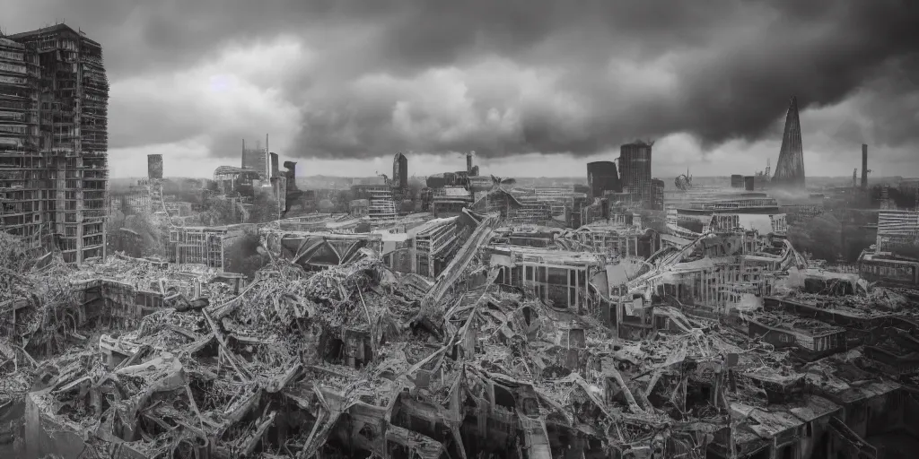 Image similar to a nuclear landscape of the southbank centre in london, the london eye and big ben are still standing, collapsed brutalist architecture, groups of human figures stagger amongst the ruins, fog, dust atmosphere, brooding clouds, mushroom cloud, detailed, 4k