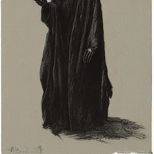 Image similar to portrait of death with hand extended, extreme hand detail, deep black robe, skeleton hand, by Maurice Sendak and Ilya Repin, artstation