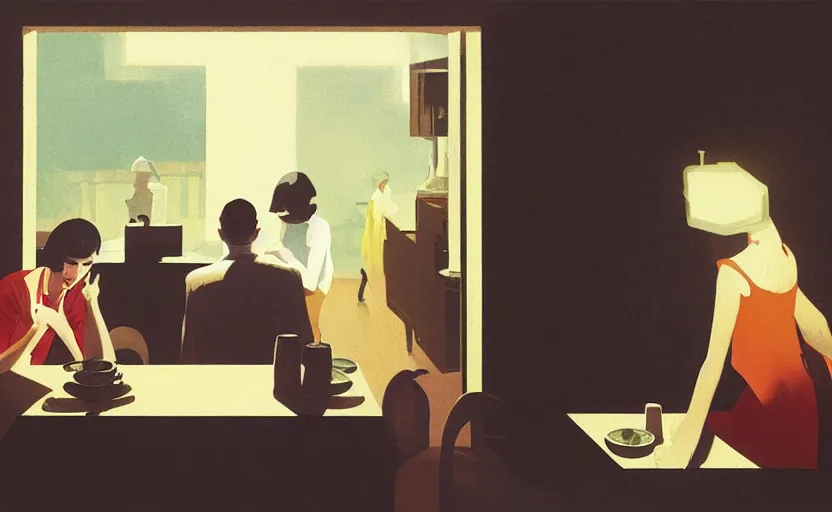 Prompt: a mysterious dinner scene illustration by atey ghailan and escher and edward hopper, japanese surreal