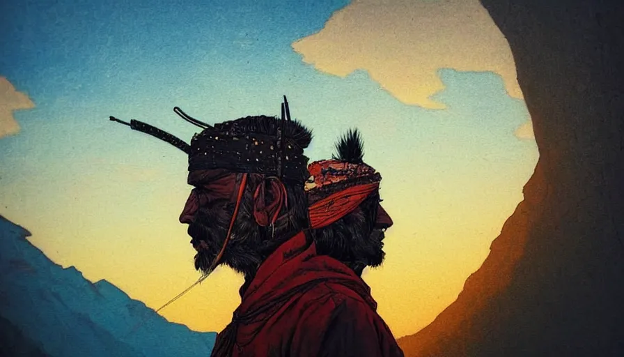 Image similar to close shot of a lonesome warrior looking at the sunrise at the himalayas by sandra chevrier, moebius, atmospheric, fine details, vivid, neon, masterpiece