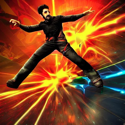 Prompt: serj tankian dressed as a super hero, dynamic pose, digital art,