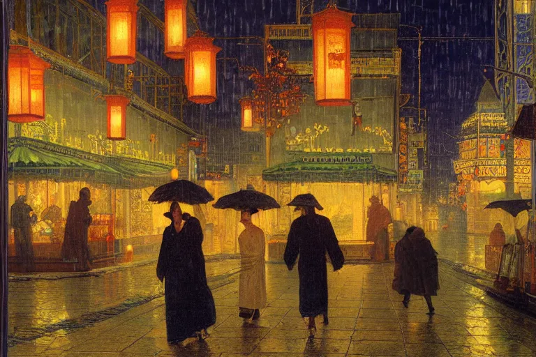 Image similar to painting of the streets of hackensack, at night, lanterns, neon, raining, romantic, by ludwig deutsch and maxfield parrish, patterned tilework, extremely detailed, cinematic lighting, smooth sharp focus
