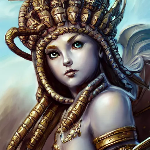 Prompt: a portrait of a torquoise fantasy armored medusa head holding a spear, medusa head, medusa head, medusa head, pillars background with ruined and statues, fantasy game art, fantasy rpg, league of legends