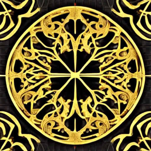 Image similar to 3d render of an abstract medieval pattern gold tile, symetrical