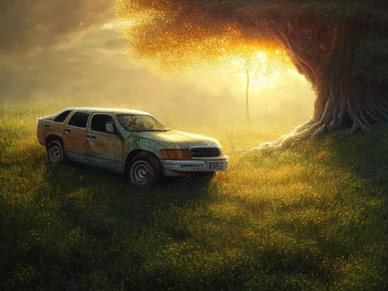 Prompt: a tree growing on an scrap car overgrown by flowers, grass and moss. a soft golden sunset through the clouds. hyperrealistic, highly detailed, cinematic, ray of golden sunlight, beautiful, cgsociety, artstation, 8 k, oil painting by greg rutkowski, by artgerm, by wlop