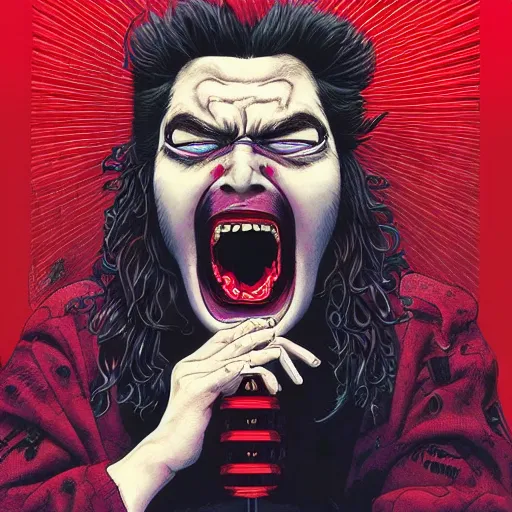 Prompt: portrait of crazy screaming post malone with red eyes like hal 9 0 0 0, as vampire, symmetrical, by yoichi hatakenaka, masamune shirow, josan gonzales and dan mumford, ayami kojima, takato yamamoto, barclay shaw, karol bak, yukito kishiro