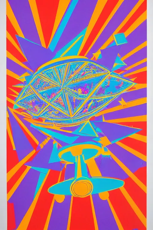 Prompt: original screen print, very detailed symmetric!! 6 0 s artwork by peter max of people flying admist huge crystal shards in space, hd, psychedelic