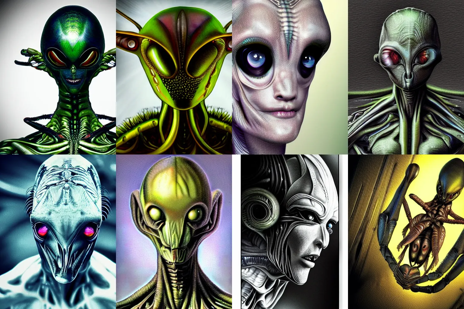 Prompt: alien in the form of mantis, full head, hyper realistic, realistic photo, ultra detailed, surreal material, giger style, front symetrical, dramatic lights