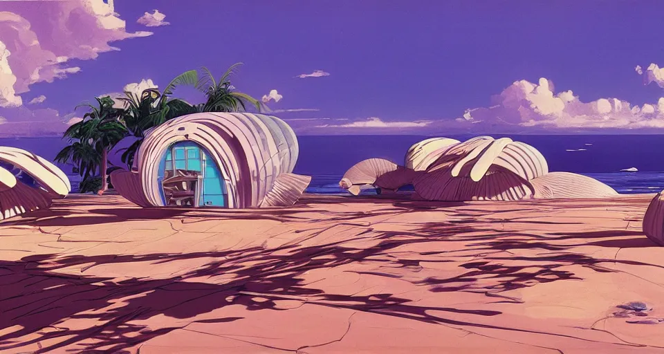 Image similar to nacre seashell house, atmospheric cinematography by syd mead and chuck jones