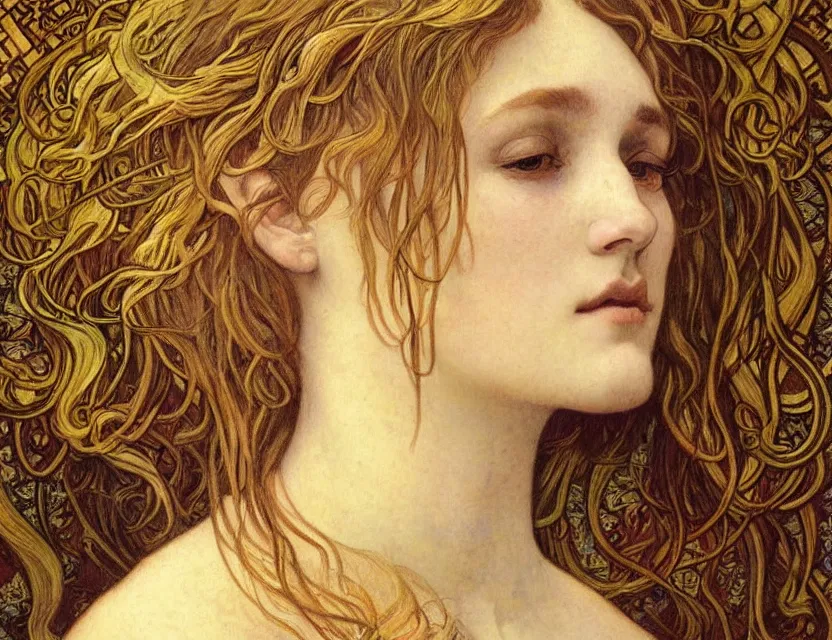 Image similar to detailed realistic beautiful young medieval queen face portrait by jean delville, alphonse mucha, vincent van gogh, and marco mazzoni, art nouveau, symbolist, visionary, gothic, pre - raphaelite