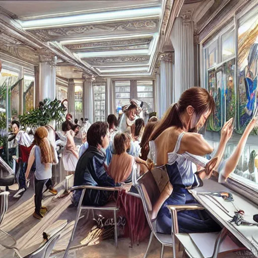 Image similar to a modern school reception, realistic, sharp focus, 8 k high definition, insanely detailed, intricate, elegant, art by stanley lau and artgerm