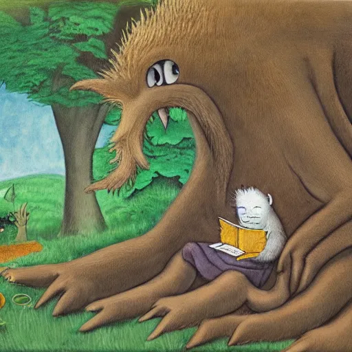 Prompt: monster reading a book in a forest, where the wild things are, bicycle nearby, oil on canvas, calm, maurice sendak